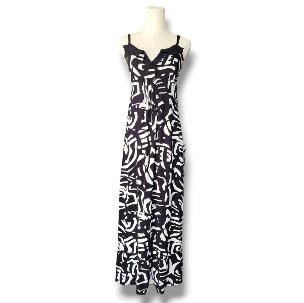 JENNY HELENE Black and White Print Empire Waist Maxi Dress w/ Convertible Straps